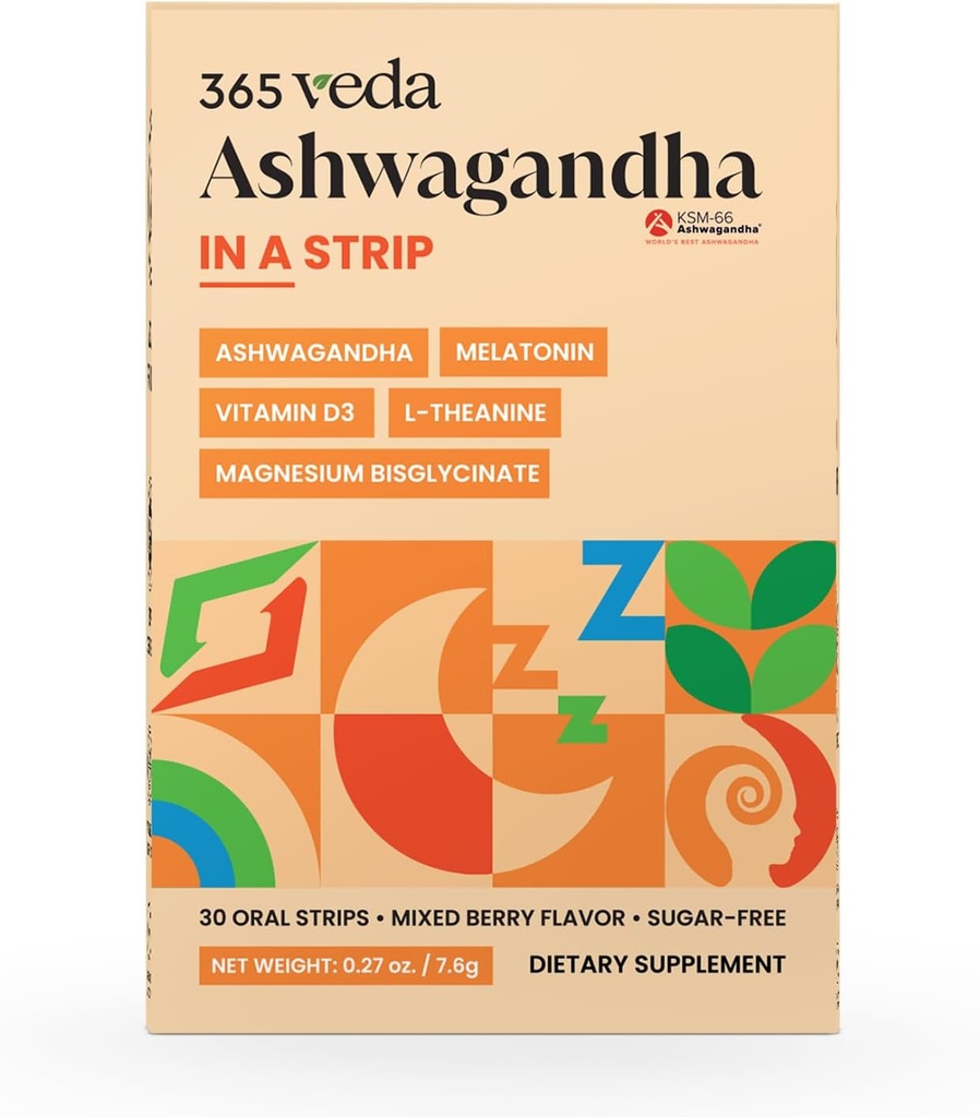 Ashwagandha Oral Strips 100 מ"ג KSM 66 אשוגנדה, L-theanine, Melatonin, ויטמין D3 ומגנזיום, רצועת טבעונית לגברים ונשים, ללא סוכר, non-GMO, 30 פסים אוראליים (Berry)