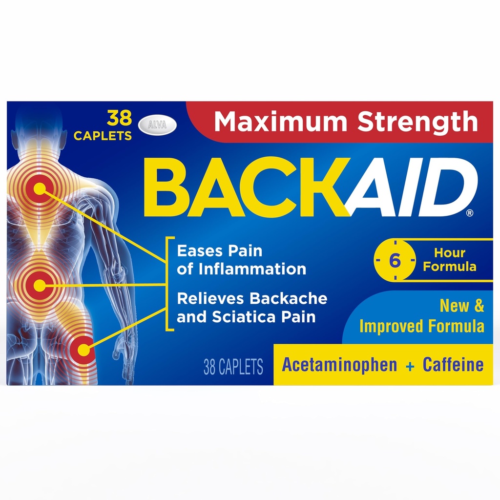 Backaid כוח מקסימלי Aspirin-Free Pain הקלה מ-Backache, Sciatica ו- Leg Pain, Powerfulשילוב, Long-Lasting 6 Hour Formula, 38 Count Count