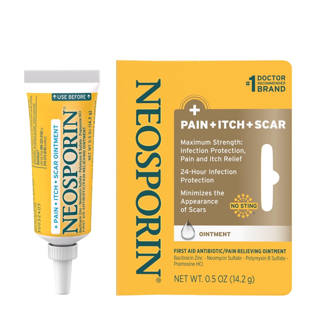 Neosporin + Pain, Itch & Scar, First Aid Triple Antibiotic Ointment for Infection Protection and Wound Care with Maximum Strength Pain and Itch Relief, Helps Minimize The Appearance of Scars, .5 oz