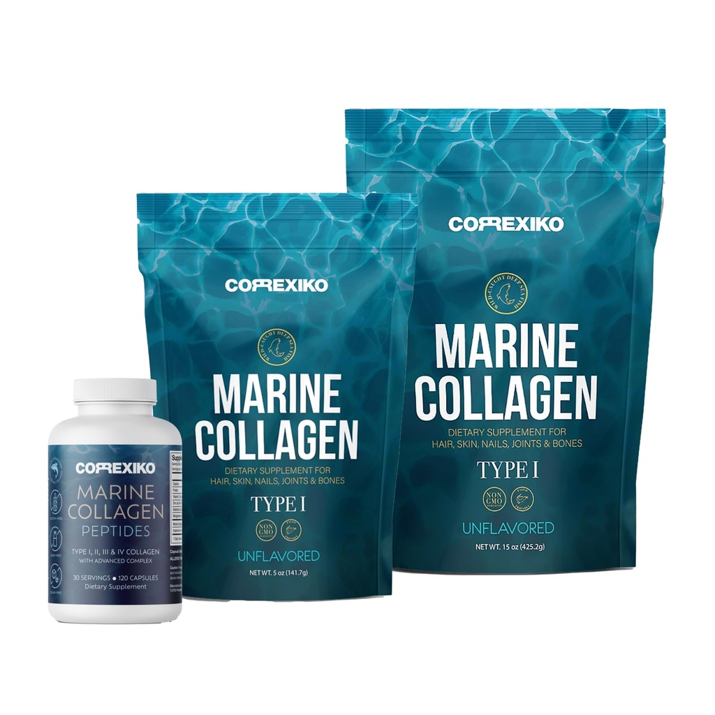 CORREXIKO Marine Collagen תוסף Pills & אבקת Bundle - כולל 10,000 מ"ג כפול hydrolyzed קולאזן אבקה 15 oz & 5oz ו 1800 מ"ג'ן פפטידים 120 קפסולות - לשיער, עור וציפורים