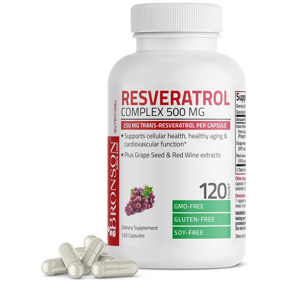 Bronson Resveratrol 500 Complexized Trans-Resveratrol + Grape Seed & Red Wine Extract, 120 קפסולות