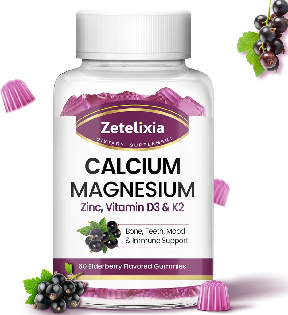 Calcium Gummies עם D3, Calcium Magnesium תוספת עם Glycinate,Potassium,Vitamin D3 & K2, & Whole Natural מזון עבור העצם & Immune תמיכה 60 Chewable Gummy Elderberry פלמור