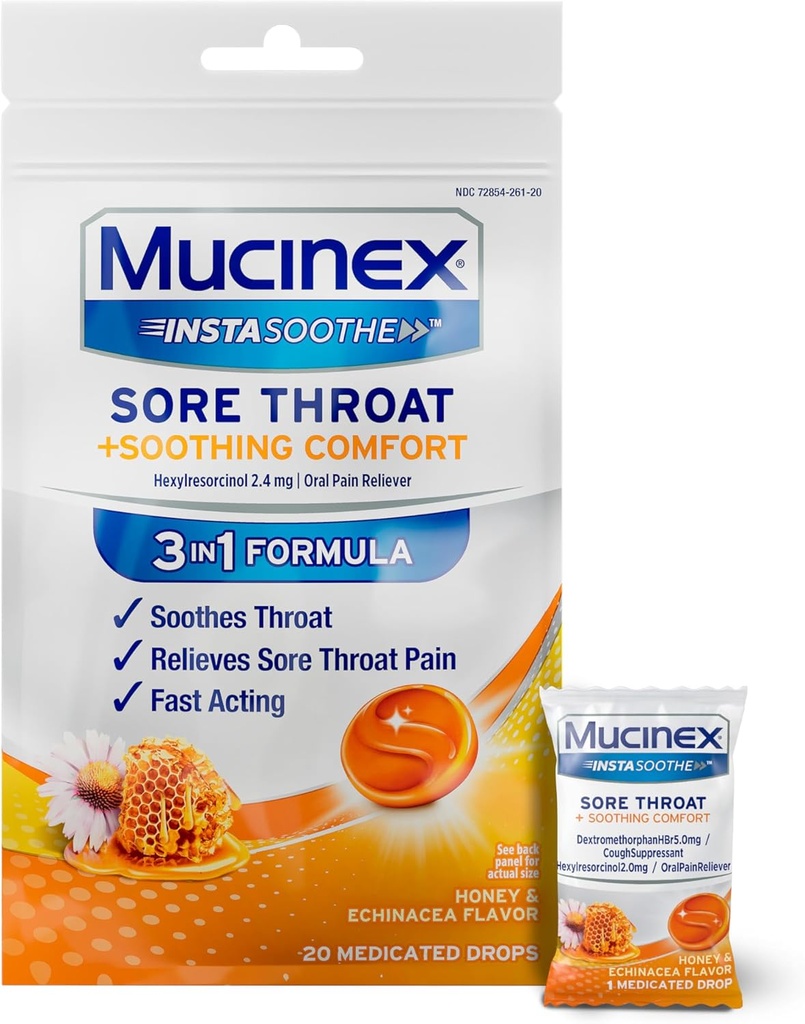 InstaSoothe Drops Manuka דבש ו-Echinacea Sore גרון יום 20 הרוזן