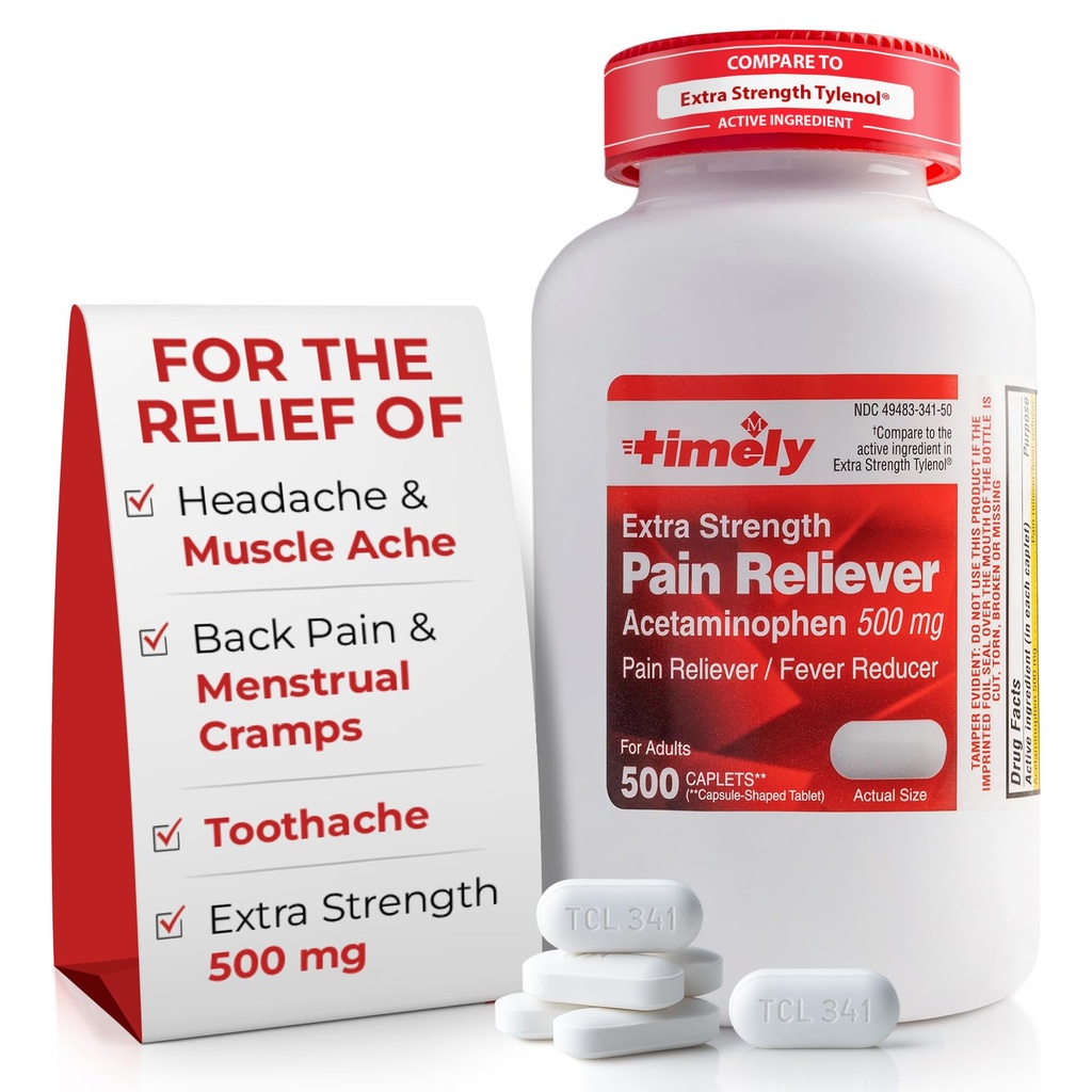 Timely Acetaminophen 500 מ"ג - 500 Caplets - תוספת כאב הקלה - בהשוואה למרכיב הפעיל בחוזק אקסטרה - מסטרול Cramps, Fever להפחית, כאבי קטינים של דלקת פרקים