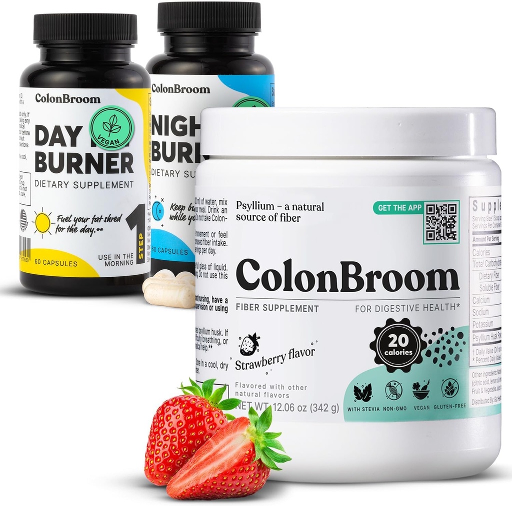 קולון Broom Psyllium Husk אבקת, קולון Broom הקולקציה סיבים עבור Bloating Relief & Gut בריאות + Day & Night Burner תוספים, גלולות ניהול משקל (60 משרתים), 3 פריטים פריטים