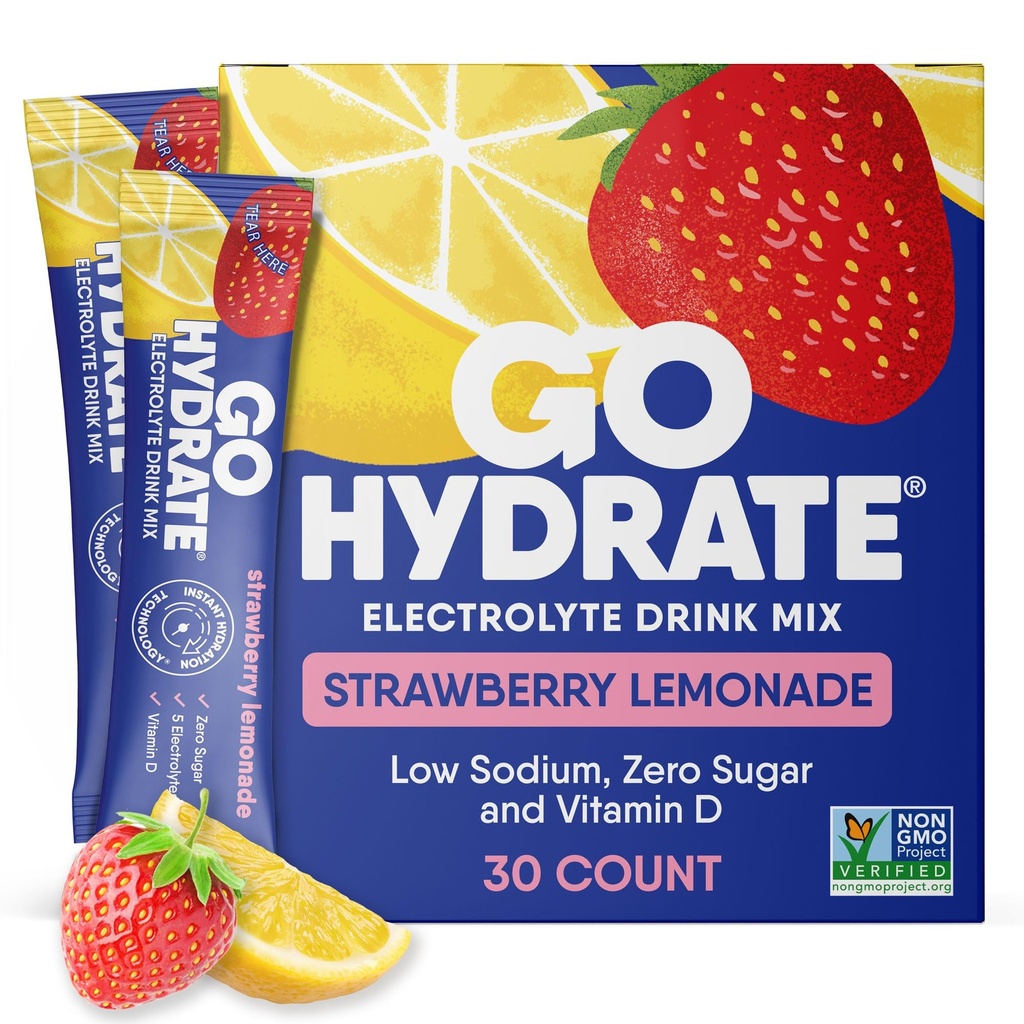 GoHydrate Low Sodium Electrolytes אבקת Packets סוכר חינם - מיידית hydrotion Daily Drink - Zero Sugar Water Flavor Packet Singles with ויטמין D - (Strawberry Lemonade, 30 Packs)