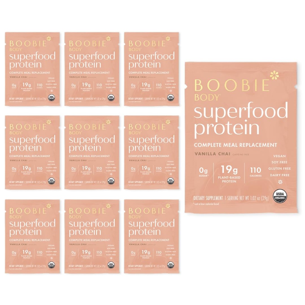 Boobie Body Superfood חלבונים Meal Suit Shake, Vanilla Chai Flavor | 19g חלבונים | Safe for Pregnancy, Lactation & Motherhood | אורגני, טבעוני, Zero Sugar, 10 מנות יחיד (1.02 oz כל אחד)