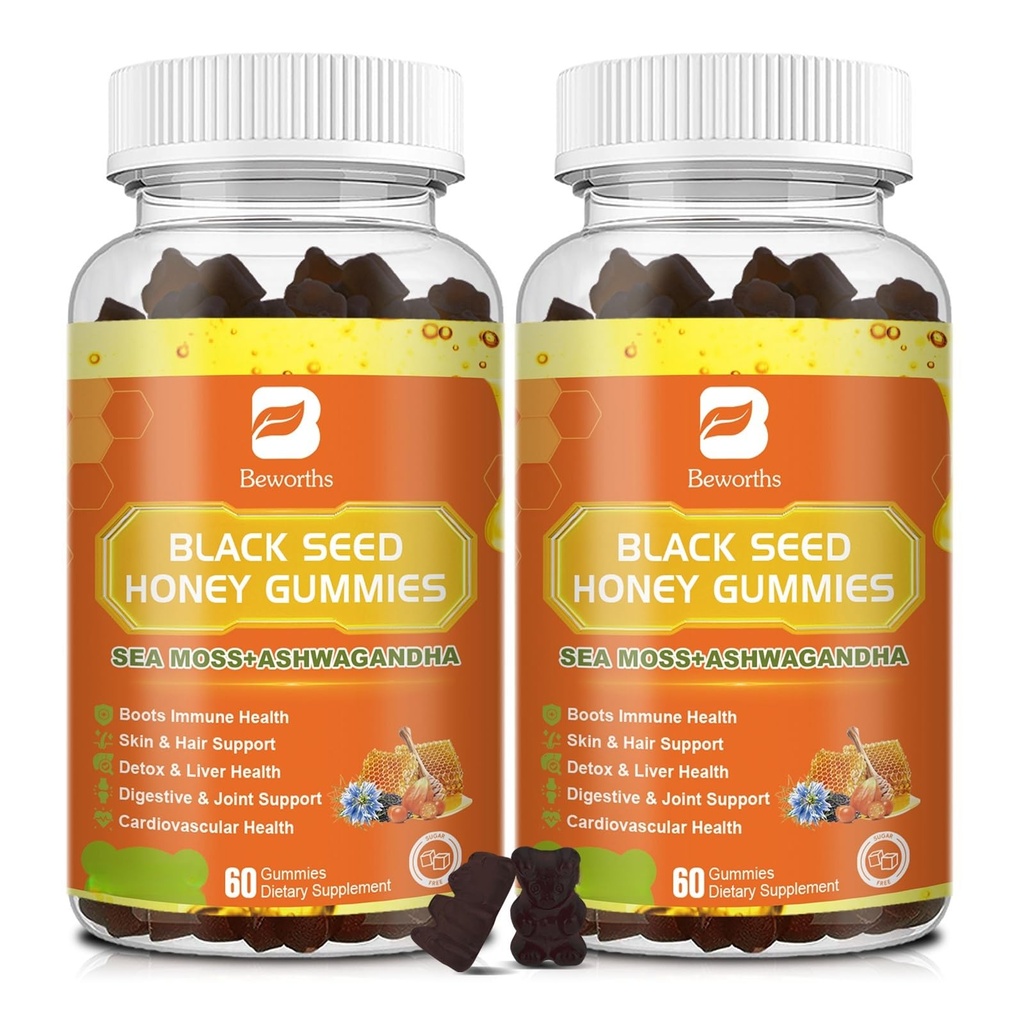 (2 Pack) Black Seed Oil Sea Mosss Gummies with Ashwagandha, Burdock Root, Linden Honey, Elderberry, Turmeric, ויטמין C, D3 & Zinc - תומך אימונומיות, מפרקים, שיער ועור, חניכיים 120