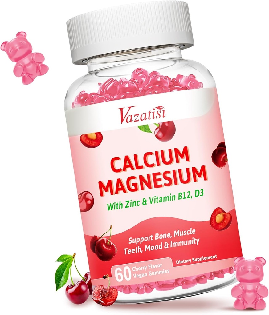 Calcium Magnesium Zinc Gummies, Calcium Magnesium 2:1 Ratio עם ויטמין D3 & B12 עבור שריר תמיכה, Mood ו- Immunity, 60 טבעוני צ'רי פלאדור מסטיקמי