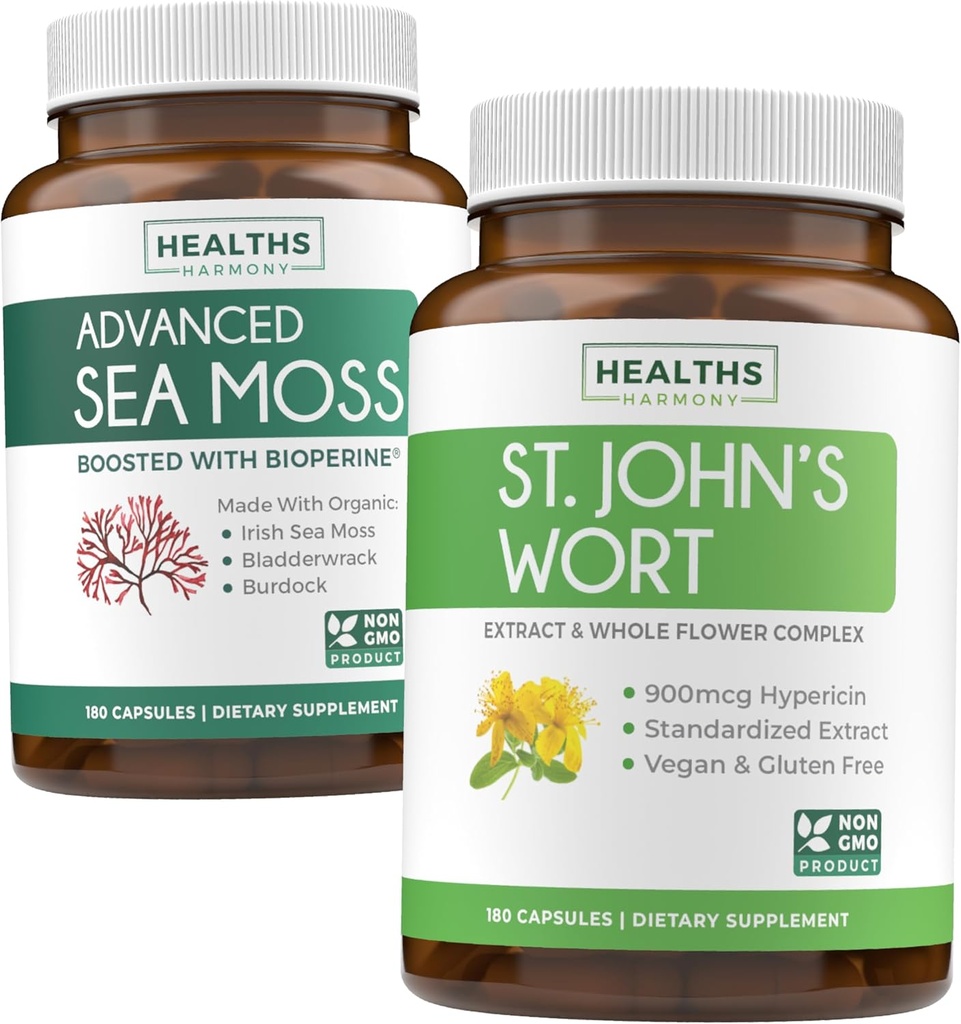 Sea Mossss & St. John's Wort (2-Month Supply Supply) Mood Moss בלנדר - אורגני הים Mosss - Raw Vegan Supplement (180 Caps) & St John's Wort with Powerful 900mcg Hypericin Vegan non-GMO (180 קפסולות)