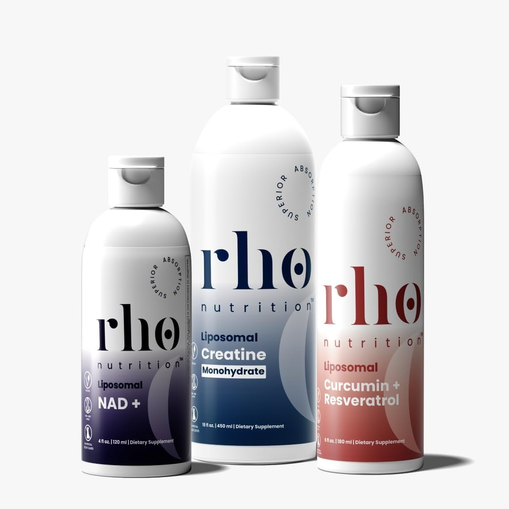 Rho Nutrition - Elite Performance Bundle - High Absorption Liposomal תוספים לאנרגיה, התאוששות וכוח - NAD+, Curcumin + Resveratrol, & Creatine (3 Pack)