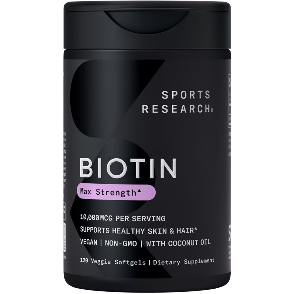 מחקר ספורט ® Biotin 10,000mcg עם שמן קוקוס אורגני - ביוטין (Vitamin B7) עבור עור בריא ותמיכה שיער * עבור נשים וגברים - טבעוני, non-GMO, Gluten & Soy-Free - 120 Veggie Softgels