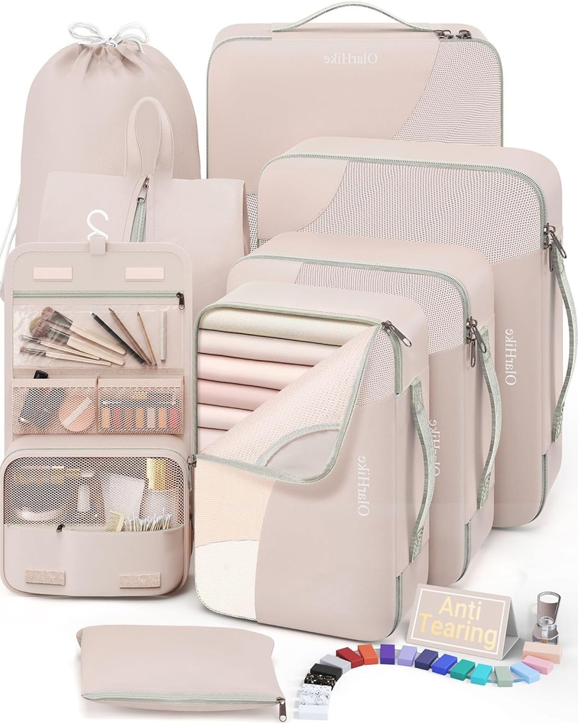 10 Set/8 Set Packing Cubes for Travel, Gifts for Women Mom, Anti-Tearing Suitcaseer for Luggage with Shoe & Hanging Toiletry Bag,OlarHike Vacation Essentials & אביזרים עבור Cruise Ship,Cream