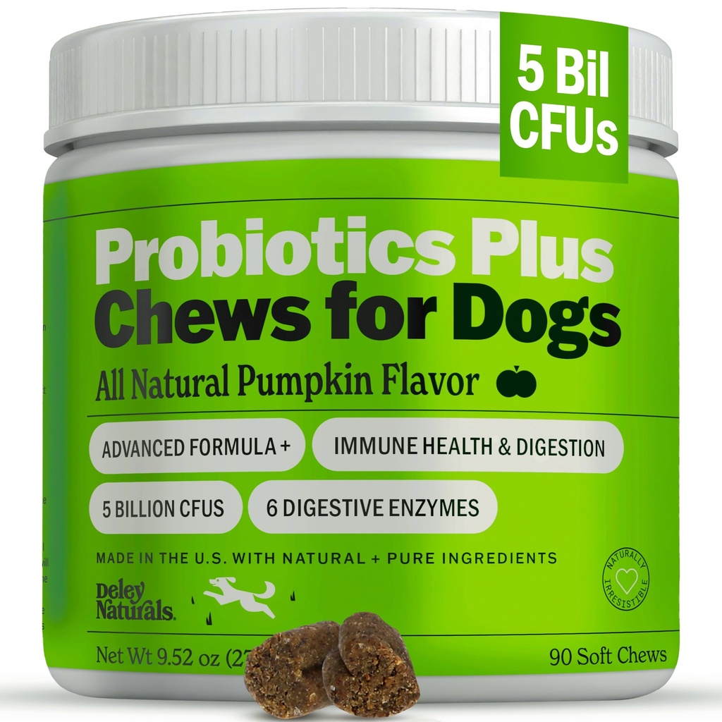 Deley Naturals Probiotics Plus Chews for Dogs, Gut Health Supplement, 5 מיליארד CFU של Enzymes, Prebiotics, Allergies, Diarrhea, Yeast, Pumpkin Flavor, 90 Count - Made in the USA
