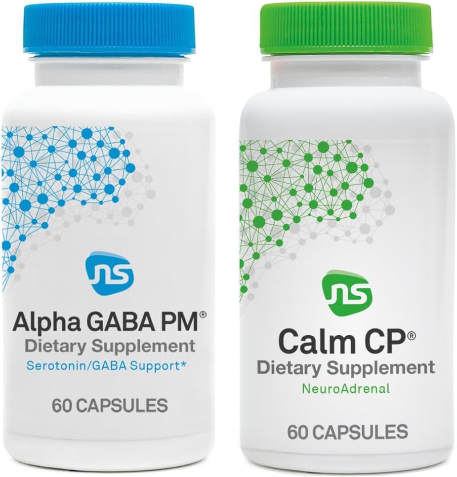 NeuroScience Stress Response & Sleep Set - Alpha GABA PM + Calm CP עם מלטונין, L-theanine, Banaba Leaf & More (2 מוצרים, 60 Count Each)