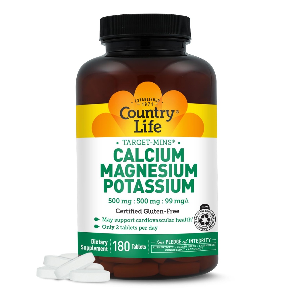 Country Life Target Mins - Calcium Magnesium Potassium העצם & Heart Health Supplement, 1000 מ"ג Calcium, 500 מ"ג מגנזיום, תומך Calcium Utilization, 180 טבליות - מוסמך Gluten חינם & טבעוני
