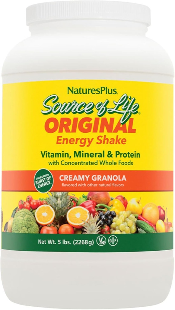 NaturesPlus Source of Life Energy Shake, Creamy Granola - 5 lbs, Pack of 2 - מספק 13g שלם חלבון, ויטמינים ומינרלים - non-GMO, Gluten Free, Vegetarian - 116 משרתים מלאים
