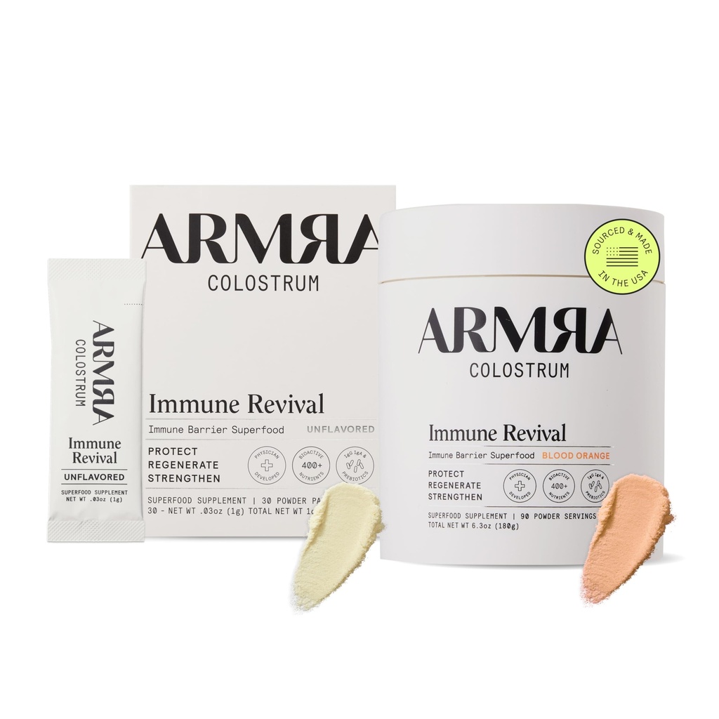 אבקת ARMRA ColostrumTM Premium, Grass Fed, Gut Health Bloating Immunity Skin & Hair, מכיל 400+ bioactive Foodsent bioavailable, Keto, Gluten & Fat Free (Unflaved 30) Blood Orange 90)