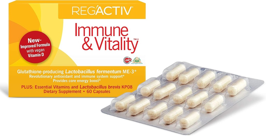 Reg'Activ Immune & Vitality - Metabolism Booster with Lactobacillus תסיסה ME-3 Probiotics for Digestive Health Gut Health, with Vegans Essential for Immune Health Maintenance