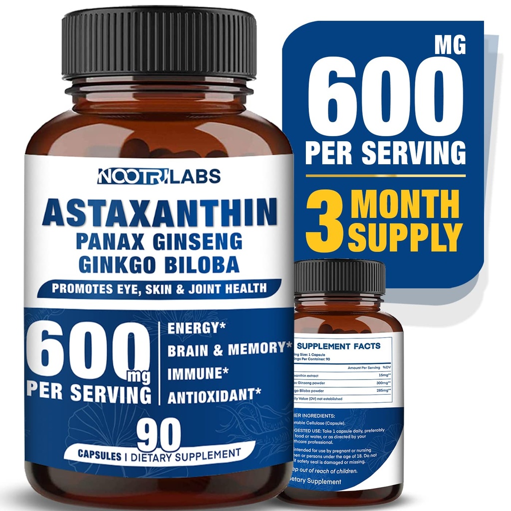 Astaxanthin 15mg + Panax גינזנג, Genekgo Biloba תוספים, 90 קפסולות טבעוניות, מקדם את אנרגיית בריאות העין, תמיכה קרדיווסקולרית + Immune Defense ו Focus