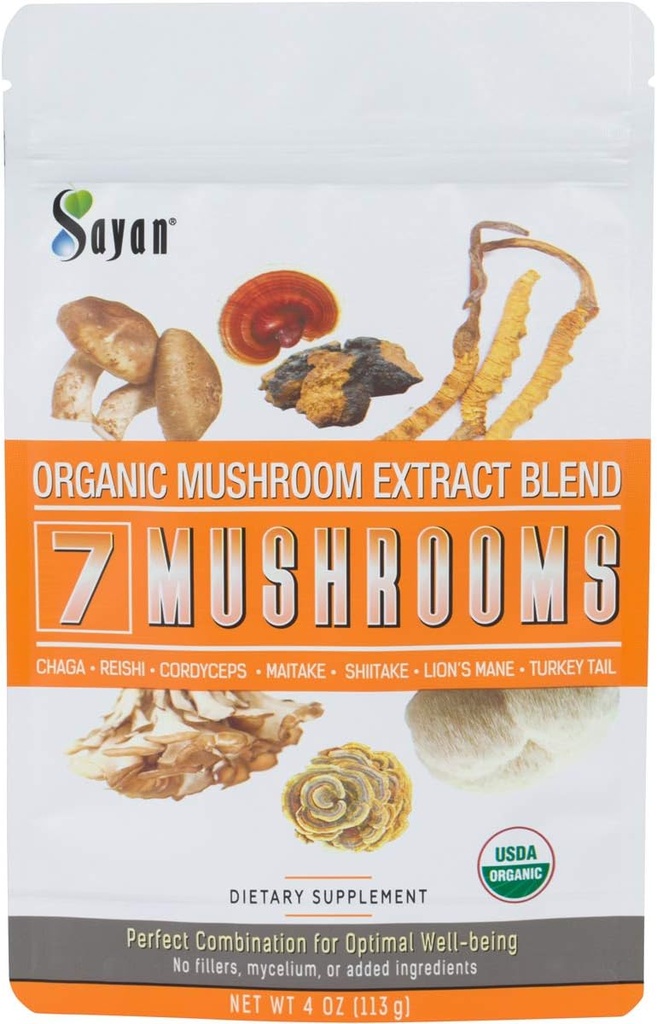 Sayan 7 Mushrooms USDA אורגני אבקת ייצור תוספת 4 oz / 113g - Chaga, Reishi, Cordyceps, Maitake, Shiitake, Lion's Mane וטורקיה Tail, No Fillers, Add to קפה או תה, פרי גוף הגוף, פירות