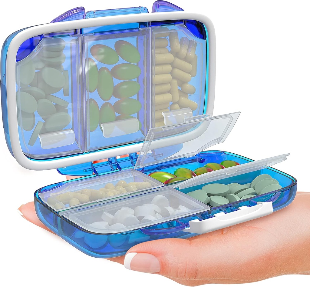 Travel Pill Organer - Moisture Proof Portable Holder עם 7 השוואתיות, קומפקטי תוספת מקרה עבור Purse Essential Medicine Kit העובר רוקחות Pocket עם תוויות, Blue Blue Holder