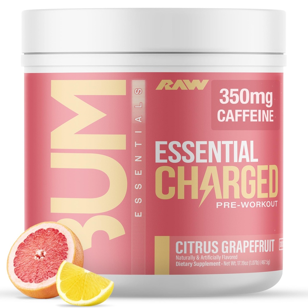 אבקת RAW Pre-Workout, Essential CHARGED (Citrus Grapeפרי) - תוספת Preworkout לגברים, נשים - תמיכה להתמקד, Mood, ביצועים - Caffeine, Alpha-GPC, L-Citrulline, Alan (25 משרתים)
