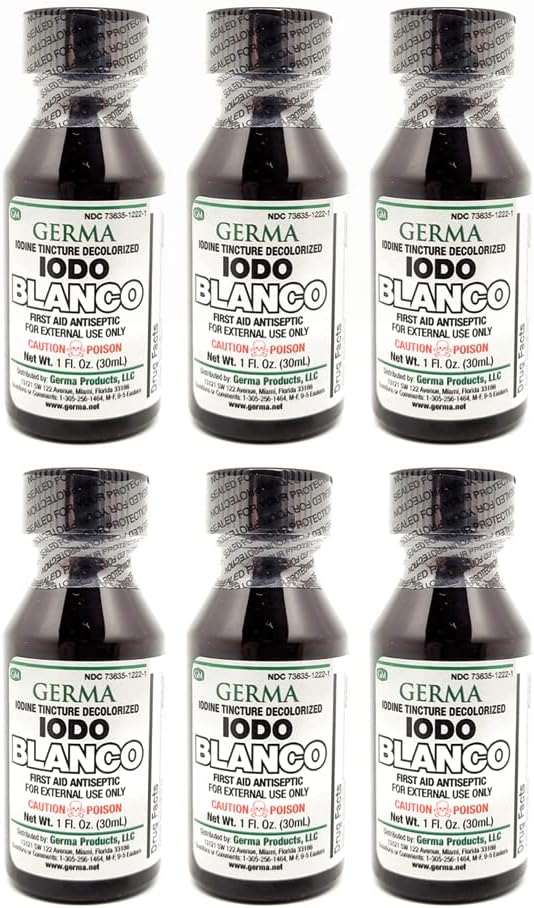 גרמה וייט Iodine Tincture עזרה ראשונה אנטיספפטית עבור סאנסים קטנים, חתכים, Bruises ו Burns. מניעת זיהומים בעור חבילה של 6