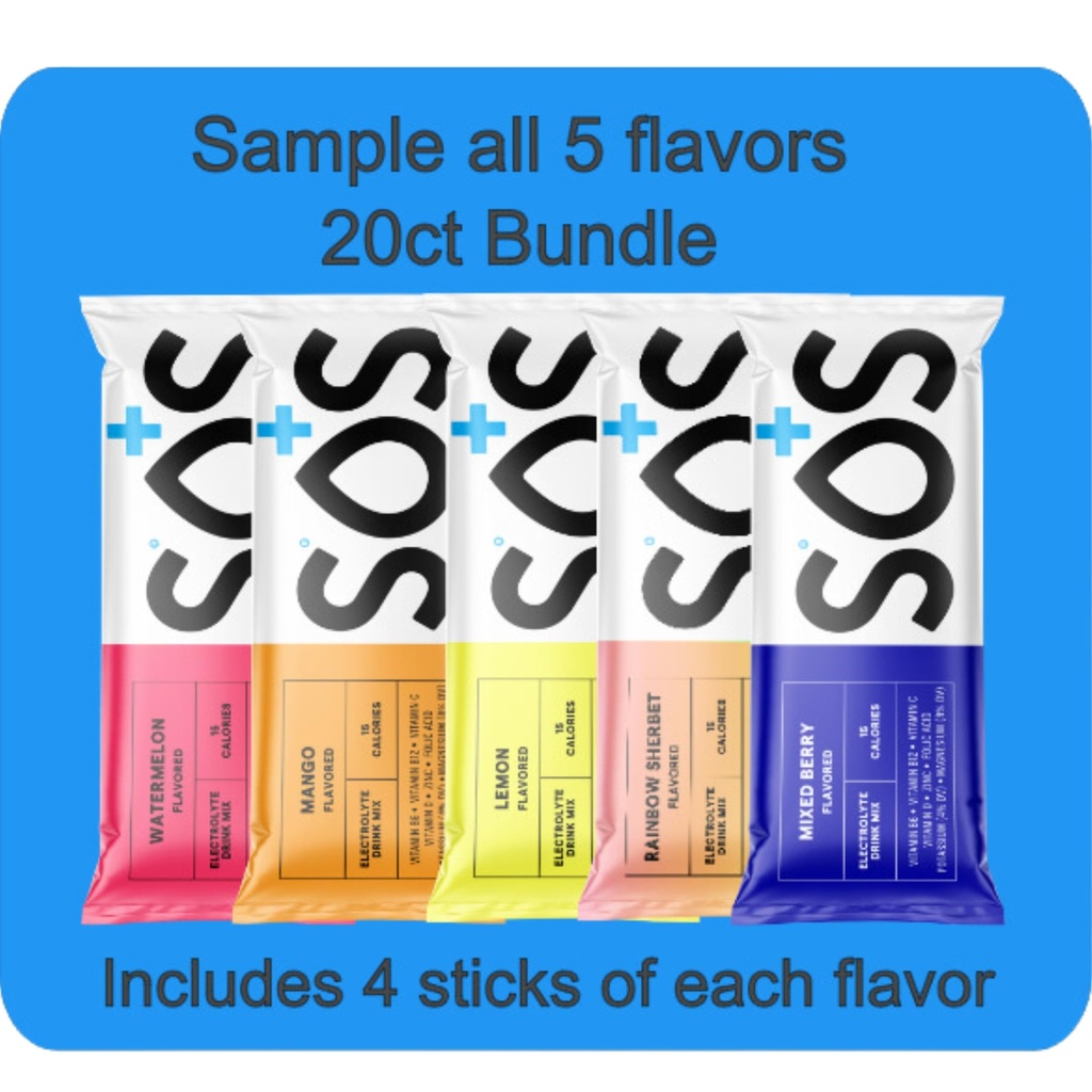 SOS hydrotion, Electrolyte אבקת Packets - Low-Calorie, Low Sugar, Rapid Rehydration, Made בארה"ב, Keto & Vegan Friendly 5-Flavor Variety Pack, 20 Sticks