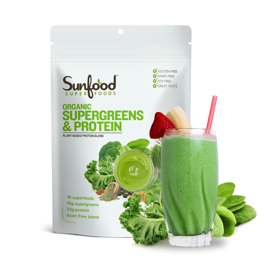 Sunfood אורגני Supergreens & חלבון - ירקות סופרפוד אבקה, אבקת חלבון אורגני, צמחי מבוסס חלבון טבעוני, Super Greens for Gut Health w /Chlorella & Spirulina, 23g חלבון Per לשרת - 8 ozoz
