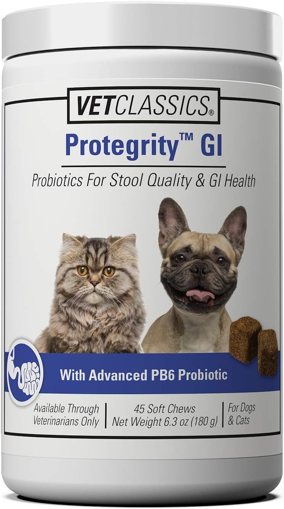 Vet Classics Protegrity GI Probiotics for Dogs & Cats for Stual Quality & Gastro מעיים בריאות, תומך בבריאות GI בלחץ ומאוזנת, 45 צ'אדות רכה