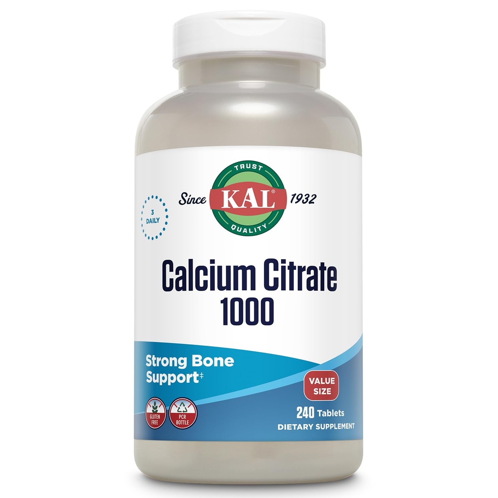 KAL Calcium Citrate 1000 מ"ג, תוסף Calcium לנשים וגברים, בריאות העצם, שיניים, Nervous, Muscular & Cardiovascular System Support, Gluten Free and Lab מאומת, 80 משרתים, 240 טבליות