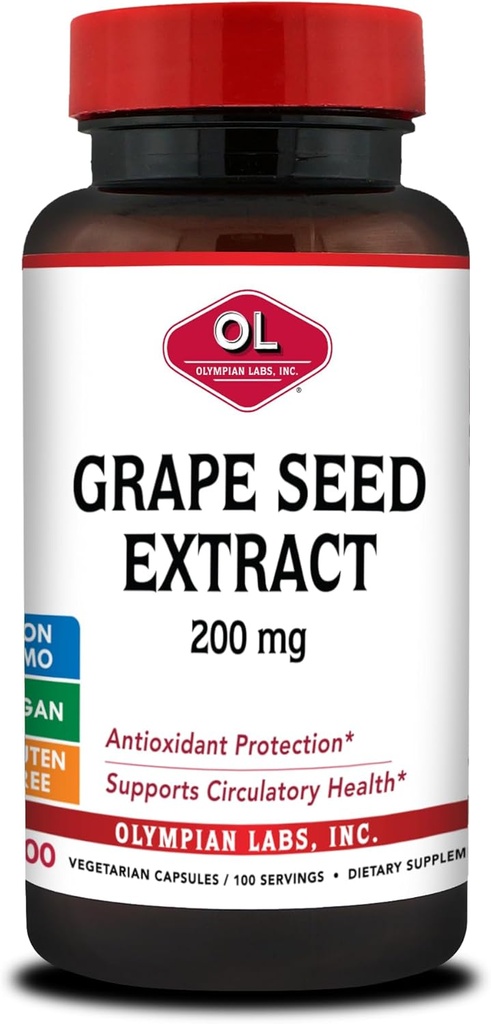 אולימפיה מעבדות Grape Seedמיצוי קפסולות - 200 מ"ג - 100 קפסולות ירקות התומכים בבריאות הלב, הגנה מפני חמצון.