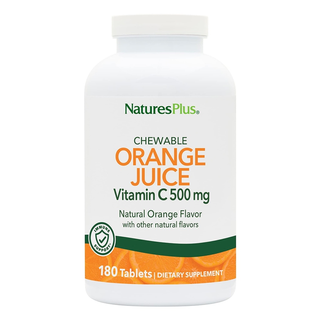 NaturesPlus Orange Juice Chewable ויטמין C - 500 מ"ג, 180 טבליות - High Potency Immune Support Supplement, Antioxidant - Gentle On Stomach - Vegetarian, Gluten-Free - 180 משרתים
