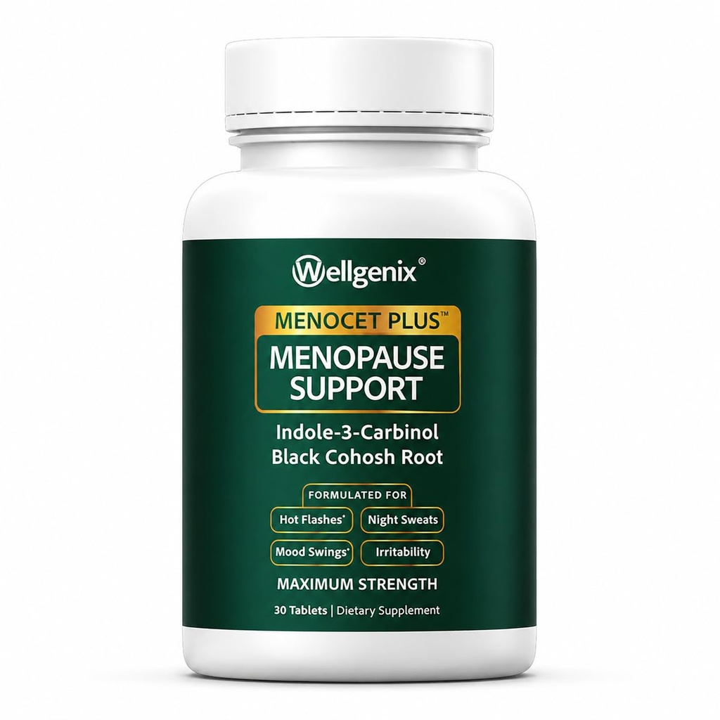 Wellgenix Menocet פלוס Menopause תמיכה - תוספת טבעית לנשים - דיילי הקלה Feminine Care - מסייע עם פלאשים חמים, Night Sweats, Mood Swings & Irritability - 30 טבליות