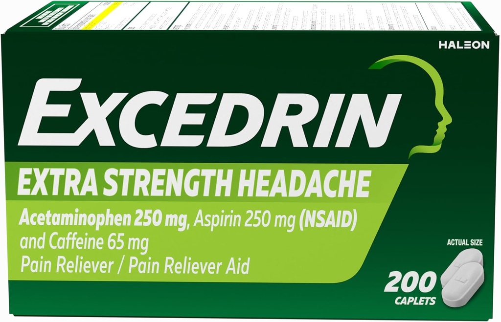 תוספת של כאבי כוח להקלת כאבי ראש, Acetaminophen 250 מ"ג, Aspirin 250 מ"ג, Caffeine 65 מ"ג, כאב Reliever, 200 הרוזן