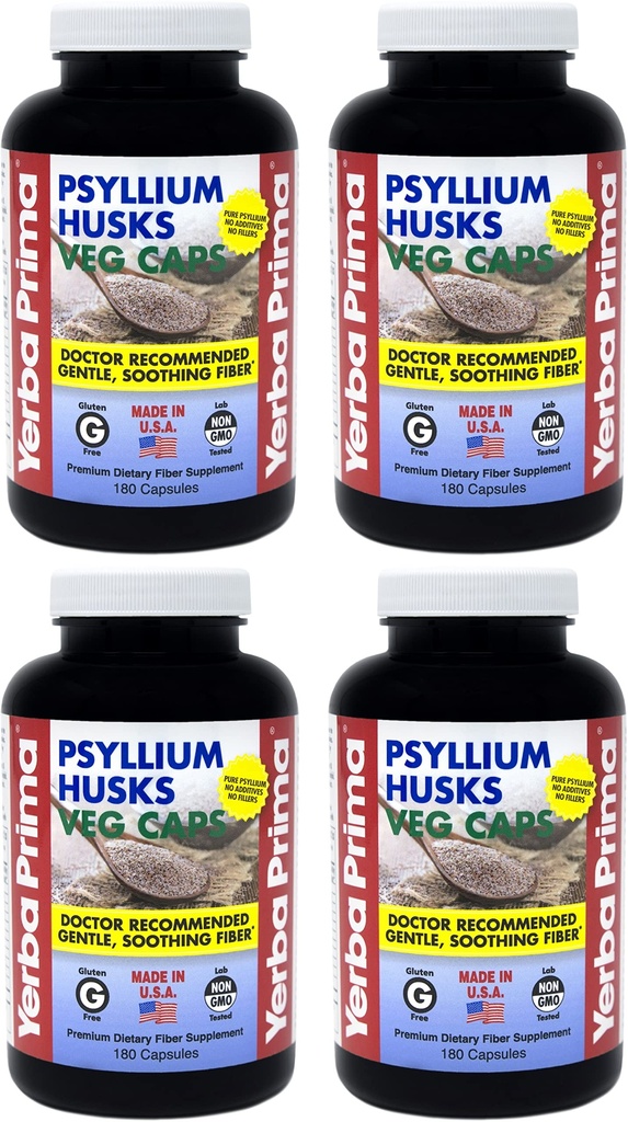 Yerba Prima Psyllium Husks Veg Caps - 180 הרוזן (Pack of 4) - טבעוני, non-GMO, Gluten Free, קולון ניקויר, תוספת יומית סיבים עבור Gut Health & סדירות
