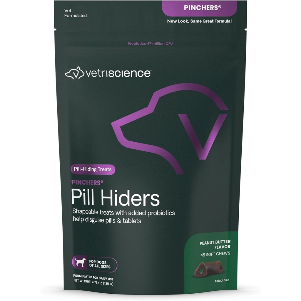 VETRISENCE Pinchers Pill Hiders Chews, Non-Gry Pill Wrap with Probiotics for Dogs, Disguise Small Pills, קפסולות וטאבלטים, Soft and Chewy, Gut and Immune Support, Peanut Butter, 45 Count
