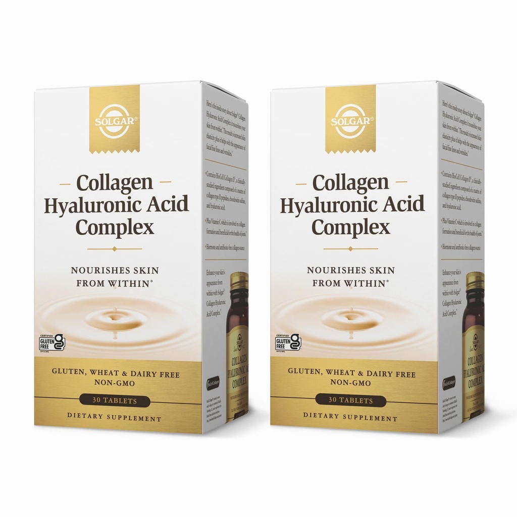 SOLGAR Collagen Hyaluronic Acid Complex - 30 טבליות, Pack of 2 - Non-GMO, Gluten Free, חלב חינם - 60 שרתים מלאים
