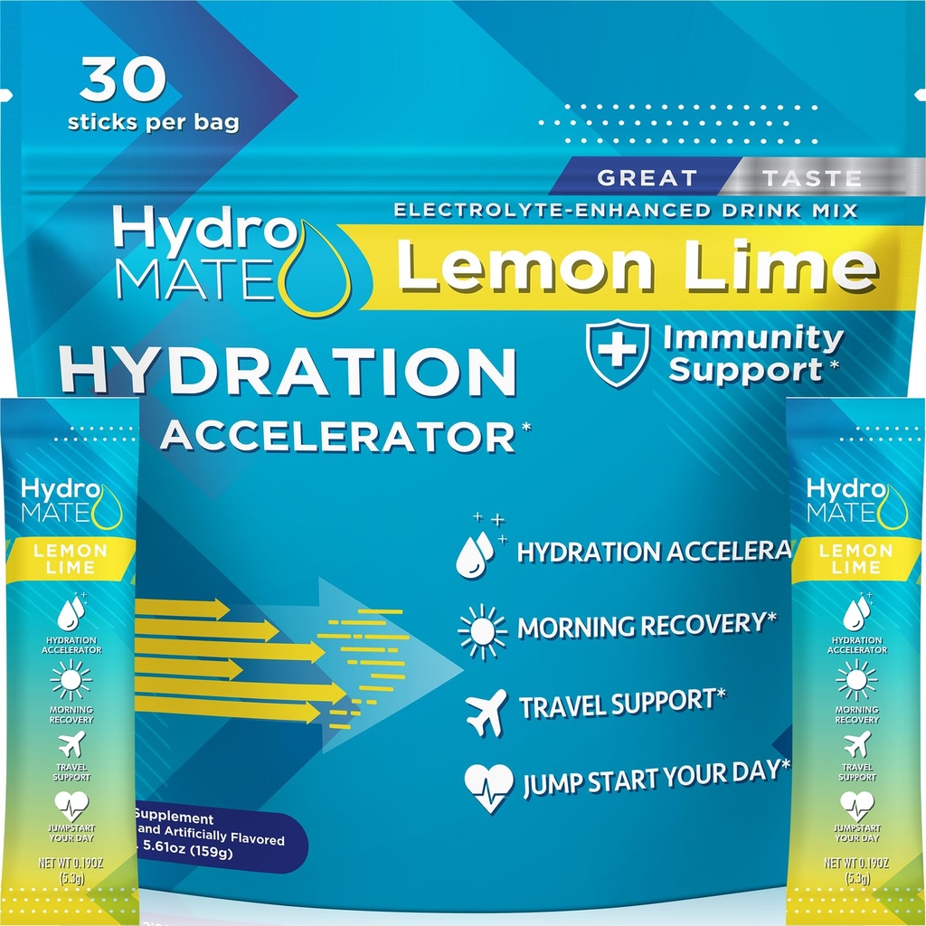 אבקת hydroMATE Electrolyte לימון Lime Hydration Packets נמוך סוכר 30 הרוזן