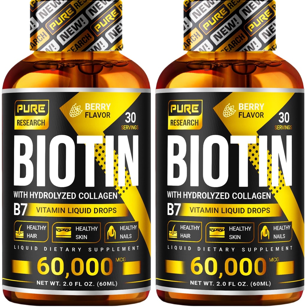 גידול שיער ארוך טווח Biotin & Collagen 60,000mcg שיער נוזל טיפות, תמיכה: ציפורניים חזקות, Glowing Skin, שיער בריא צמיחה, יותר Absorption מאשר קפסולות גלולות (4Fl Oz)