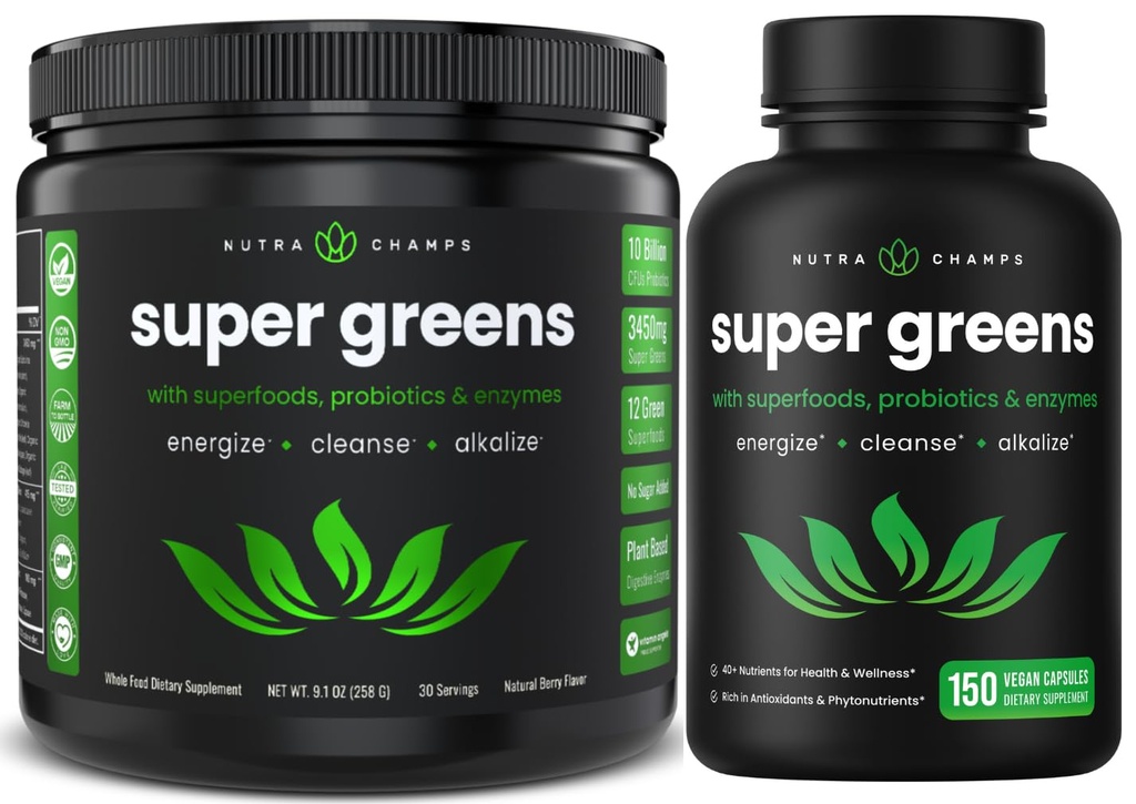 NutraChamps Super Greens אבקת & Super Greens כמוסות