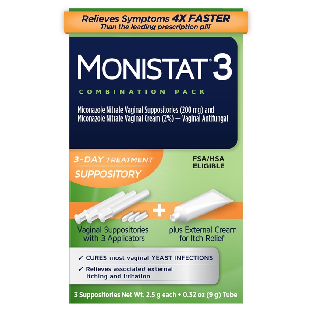 Monistat 3Day Yeast זיהום טיפול לנשים, 3 Miconazole Vaginal Suppositories & חיצוני קרם הקלה (G Tube) Combo Pack