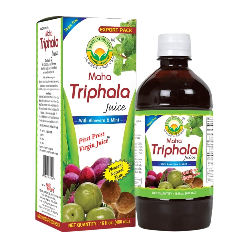Ayurveda Maha Triphala Juice with Aloe Vera & Mint - 16 Fl Oz (480 מ"ל) | משקאות צמחיים טבעיים | First Press Virgin