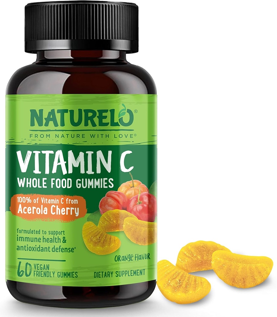 NATURELO Whole מזון ויטמין C Gummies, ויטמין C מ Acerola Cherry, תוסף מבוסס צמחים, 60 חניכיים טבעוניות ידידותיות