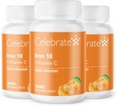 חוגגים ויטמינים תוספת ברזל עם ויטמין C - 18mg ברזל, 36 מ"ג ויטמין C, ויטמין Bariatric לחולים WLS, Vertical CD & Gastric Bypass Surgery - Tangerine, 90 טבליות Chewable