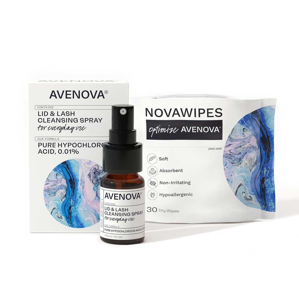 Avenova Eyelid ו- Eyelash Cleanser Spray with 30 יבש Wipes - Gentle Everyday Hypochlorous Acid Lid and Lash ניקוי Spray for Clearer and Healthier Eyes, 20mL