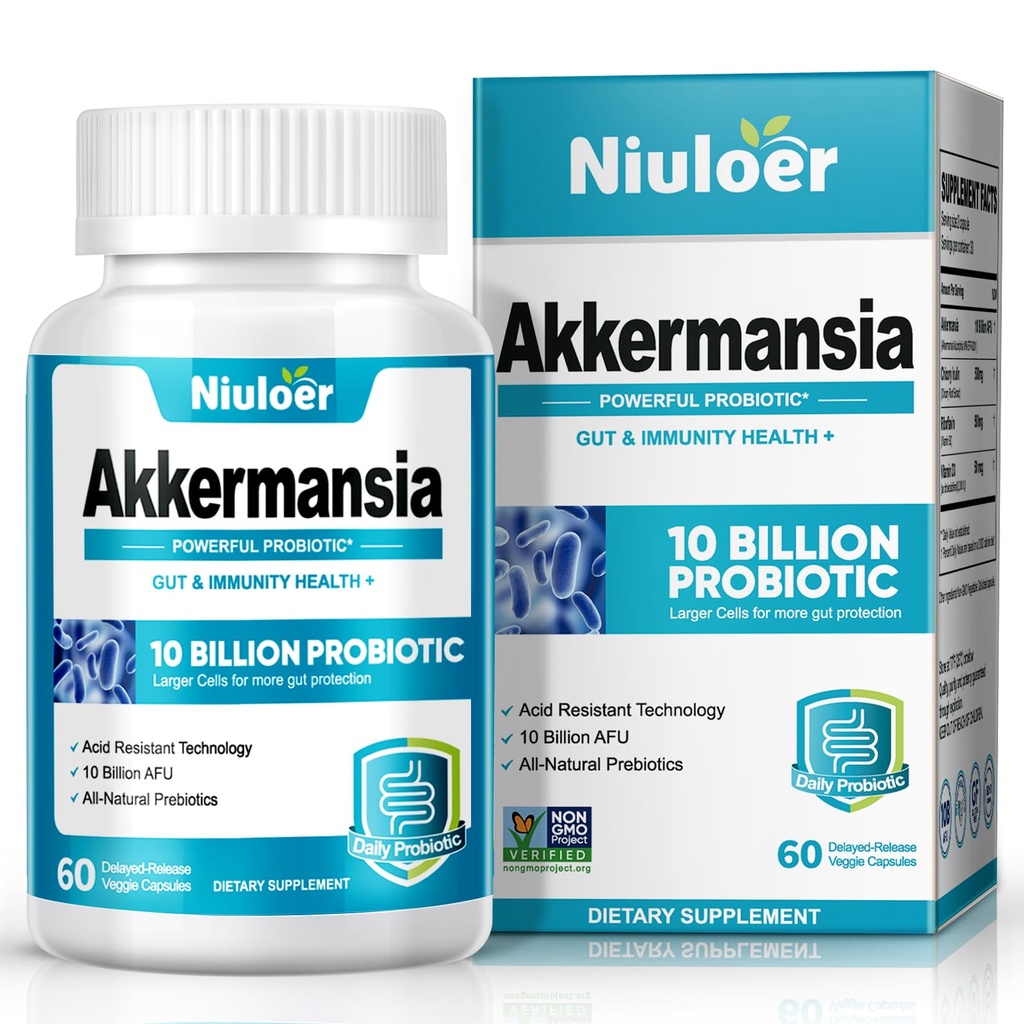 Akkermansia Probiotic, GLP-1 פרוביוטיקה לנשים וגברים - 10 מיליארד AFUs + אורגני Prebiotics, Digestive, Gut, Immune & Total Health, Enhances Gutive Lining function (60 קפסולות, 1-Pack)