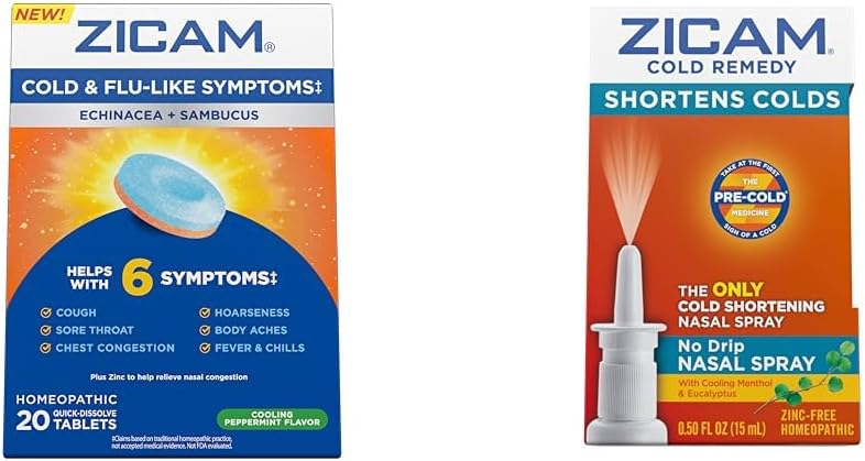 Zicam Cold & Flu סימפטומים 20 טבליות ו- No-Drip Nasal Spray Cold Remedy 0.5 Ounce