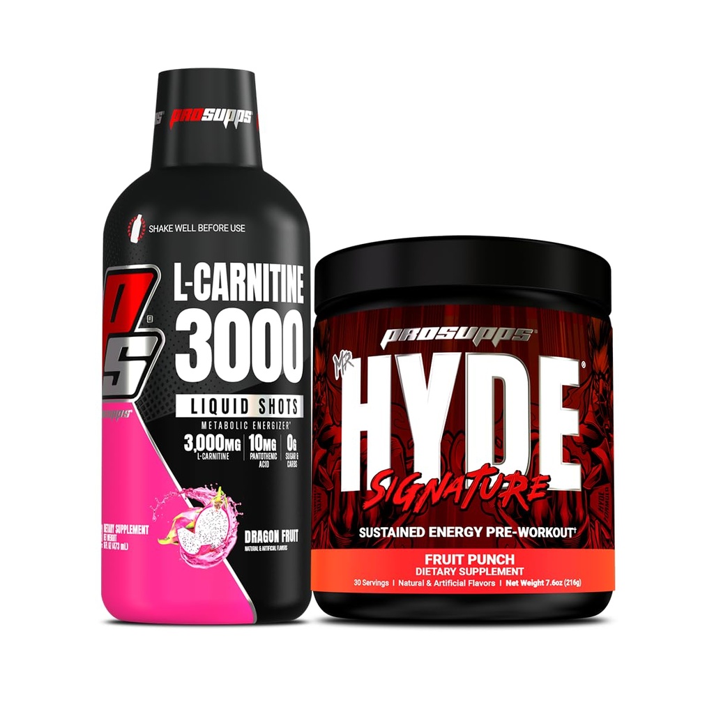 ProSUPPS L-Carnitine 3000 Stimulant Free Shots (פרי דראגון) ומר הייד חתימה סדרת טרום-עבודה אנרגיה אבקת משקה (Fruit Punch) Bundle